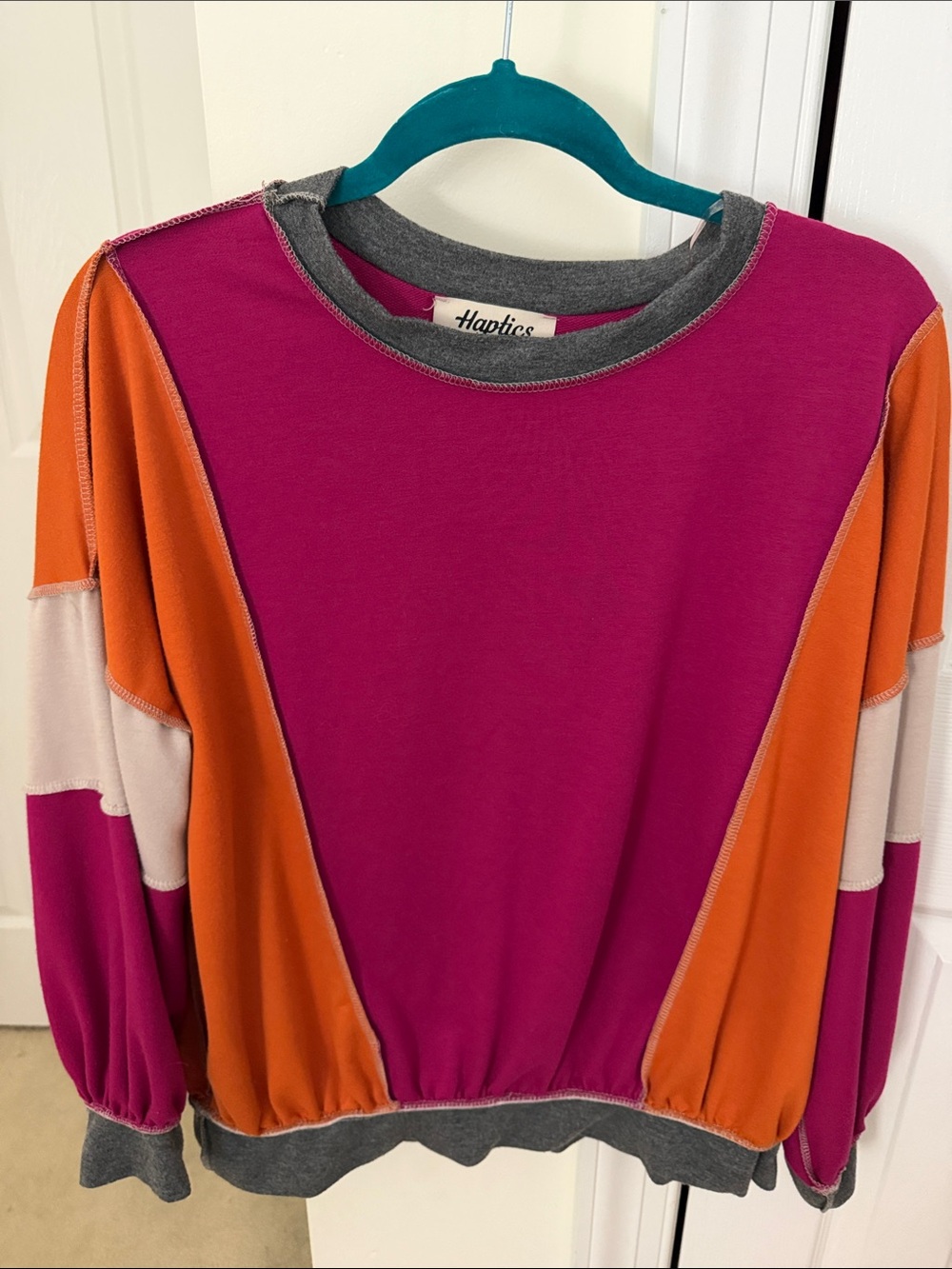 Haptics Colorblock Crewneck Sweater in Magenta & Orange